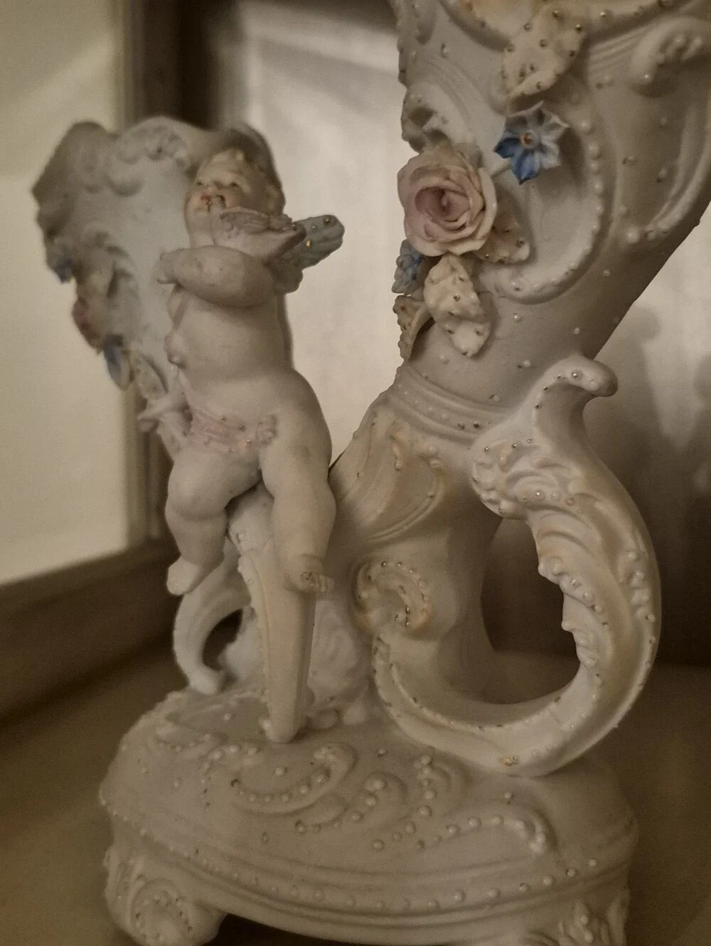Antique German Bisque Porcelain Double Spill Vase Cherub Putti Flowers Mold 322